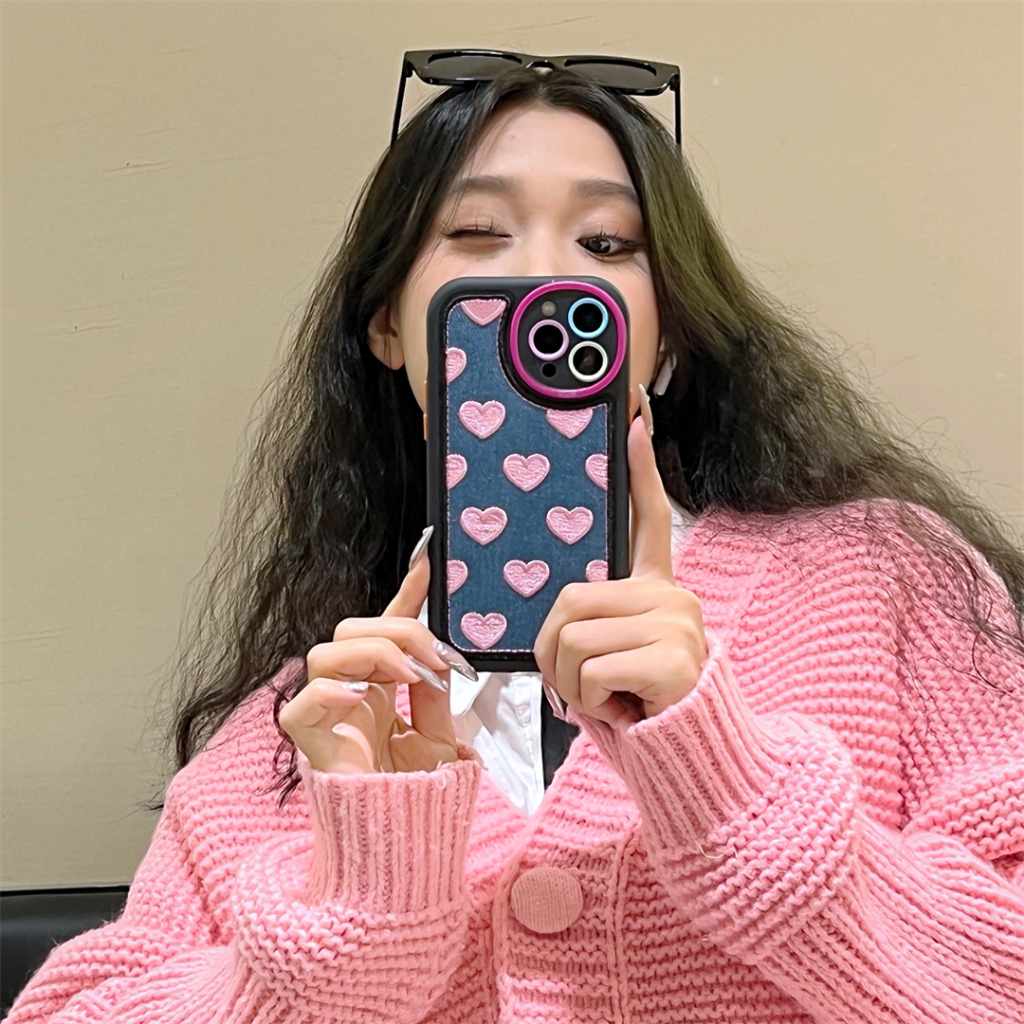 Ốp Điện Thoại Vải denim Thêu Hình Trái Tim Cho iphone 15promax 14promax 13 12 promax 11