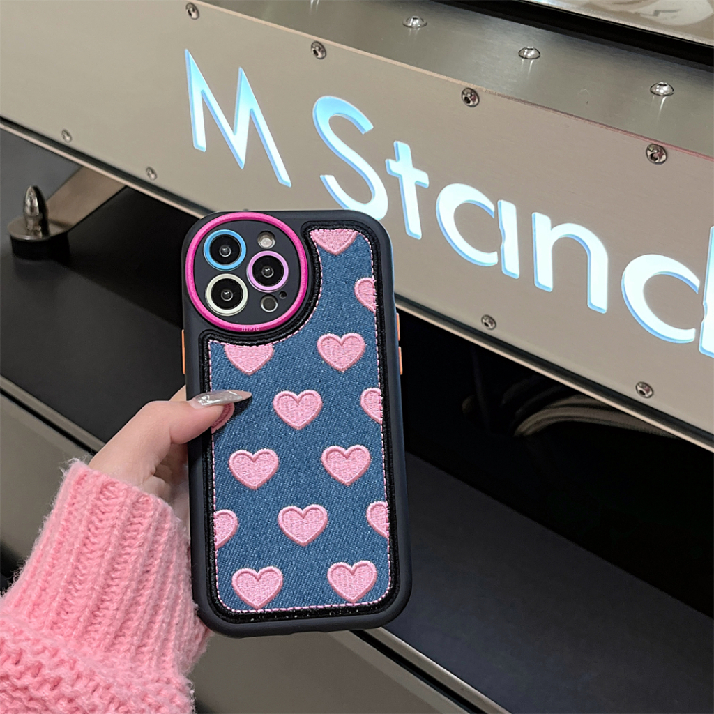 Ốp Điện Thoại Vải denim Thêu Hình Trái Tim Cho iphone 15promax 14promax 13 12 promax 11