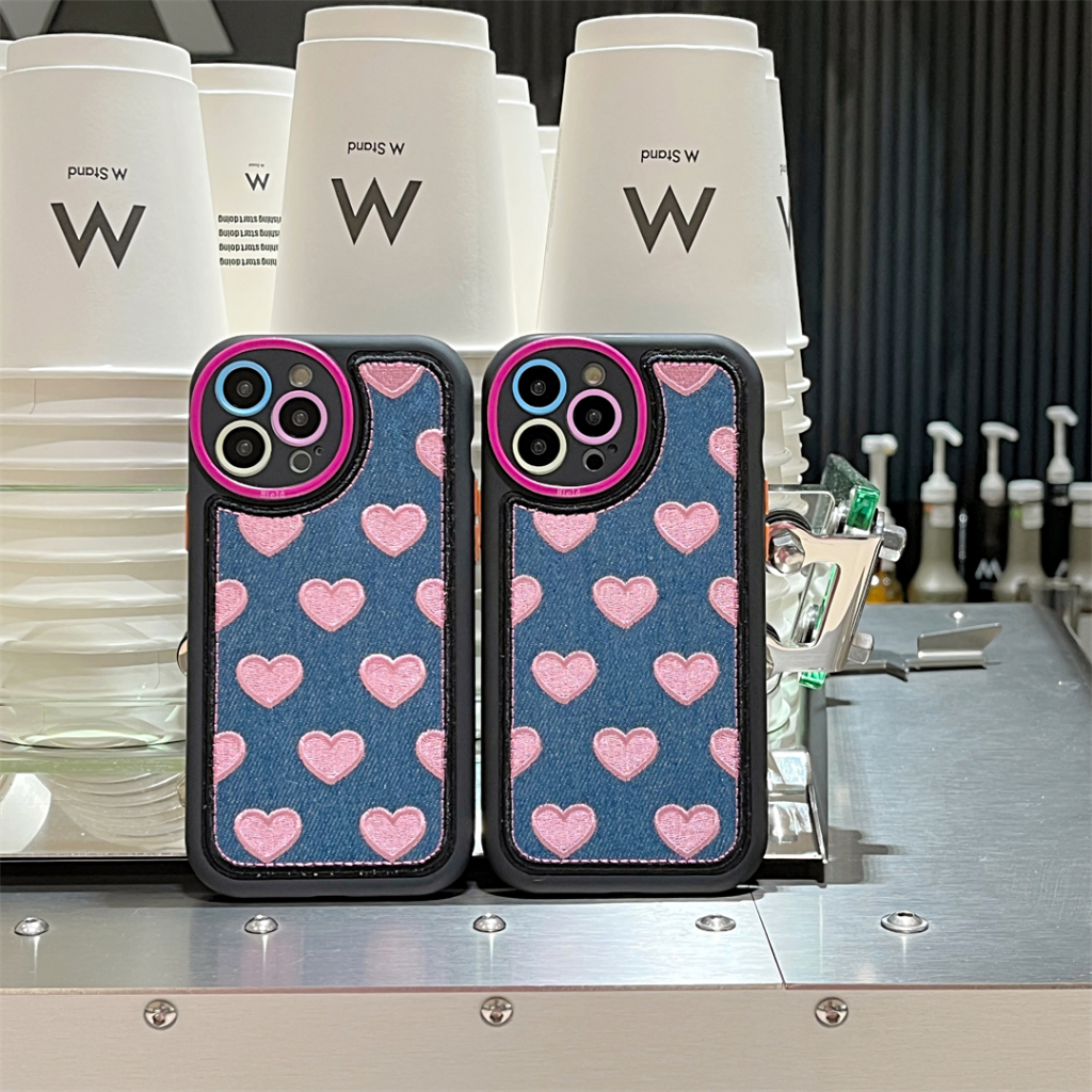 Ốp Điện Thoại Vải denim Thêu Hình Trái Tim Cho iphone 15promax 14promax 13 12 promax 11