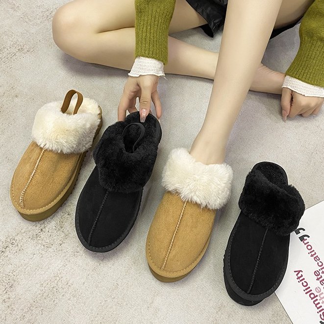 Prowow❤Dép Bít Mũi Phối Lông Xù Phong Cách Trẻ Trung Dành Cho Nữ