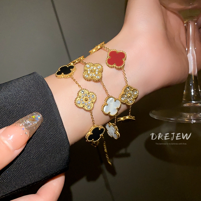 DREJEW Vòng Tay Thép Titan Đính Kim Cương Bốn Lá Thời Trang Cao Cấp Không Gây Dị Ứng