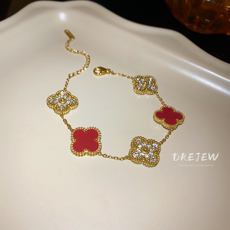 DREJEW Vòng Tay Thép Titan Đính Kim Cương Bốn Lá Thời Trang Cao Cấp Không Gây Dị Ứng