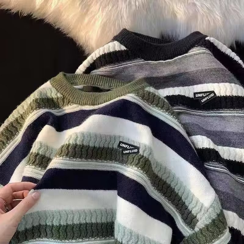 Áo sweater Cổ Tròn Họa Tiết Kẻ Sọc Phong Cách vintage Thời Trang Thu Đông Cho Nam