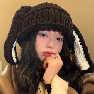 Mũ Len Dệt Kim Che Tai Giữ Ấm Mùa Đông Kiểu Tai Thỏ Hoạt Hình Nhật Bản Vui Nhộn Dễ Phối Đồ Cho Nữ