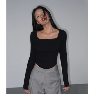  Châu Âu Mỹ Đen Cổ Vuông Dài Tay Dệt Kim Bên Xếp Ly Top Bé Gái Đáy Bên Trong Áo Sơ Mi Pure Desire Gợi Cảm Slim-fit Ôm Hơn Nhìn Ngắn Xương Đòn Màu Trơn Top Trắng Skinny Top Close @ - 