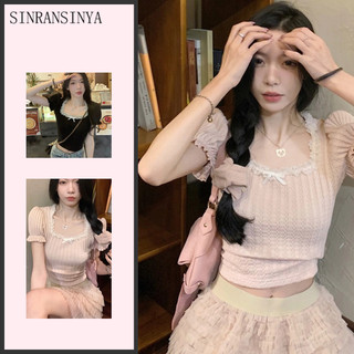 SINRANSINYA Áo thun ngắn tay cổ vuông phối ren thời trang dành cho nữ