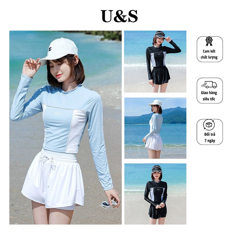 Trang Phục Lặn Hàn Quốc Áo Lặn Nữ Chống Nắng Dài Tay Áo Bơi Hai Mảnh Lặn Ống Thở Lướt Sóng Suối Nước Nóng Bãi Biển Che Bụng Thon Gọn Bikini Đi Biển Nữ Kín Đáo