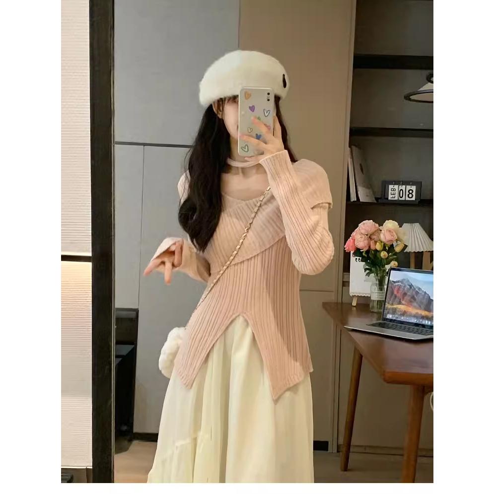 Ethelgirl Áo sweater Dệt Kim Trễ Vai Xẻ Tà Màu Hồng Thời Trang Hàn Quốc Dành Cho Nữ