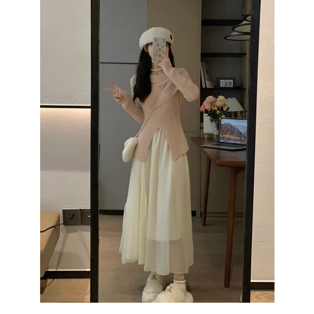 Ethelgirl Áo sweater Dệt Kim Trễ Vai Xẻ Tà Màu Hồng Thời Trang Hàn Quốc Dành Cho Nữ