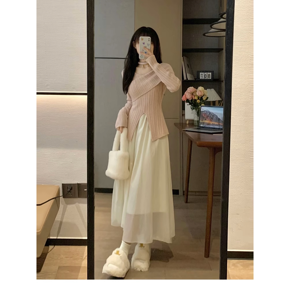 Ethelgirl Áo sweater Dệt Kim Trễ Vai Xẻ Tà Màu Hồng Thời Trang Hàn Quốc Dành Cho Nữ