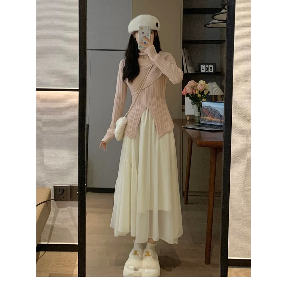 Ethelgirl Áo sweater Dệt Kim Trễ Vai Xẻ Tà Màu Hồng Thời Trang Hàn Quốc Dành Cho Nữ