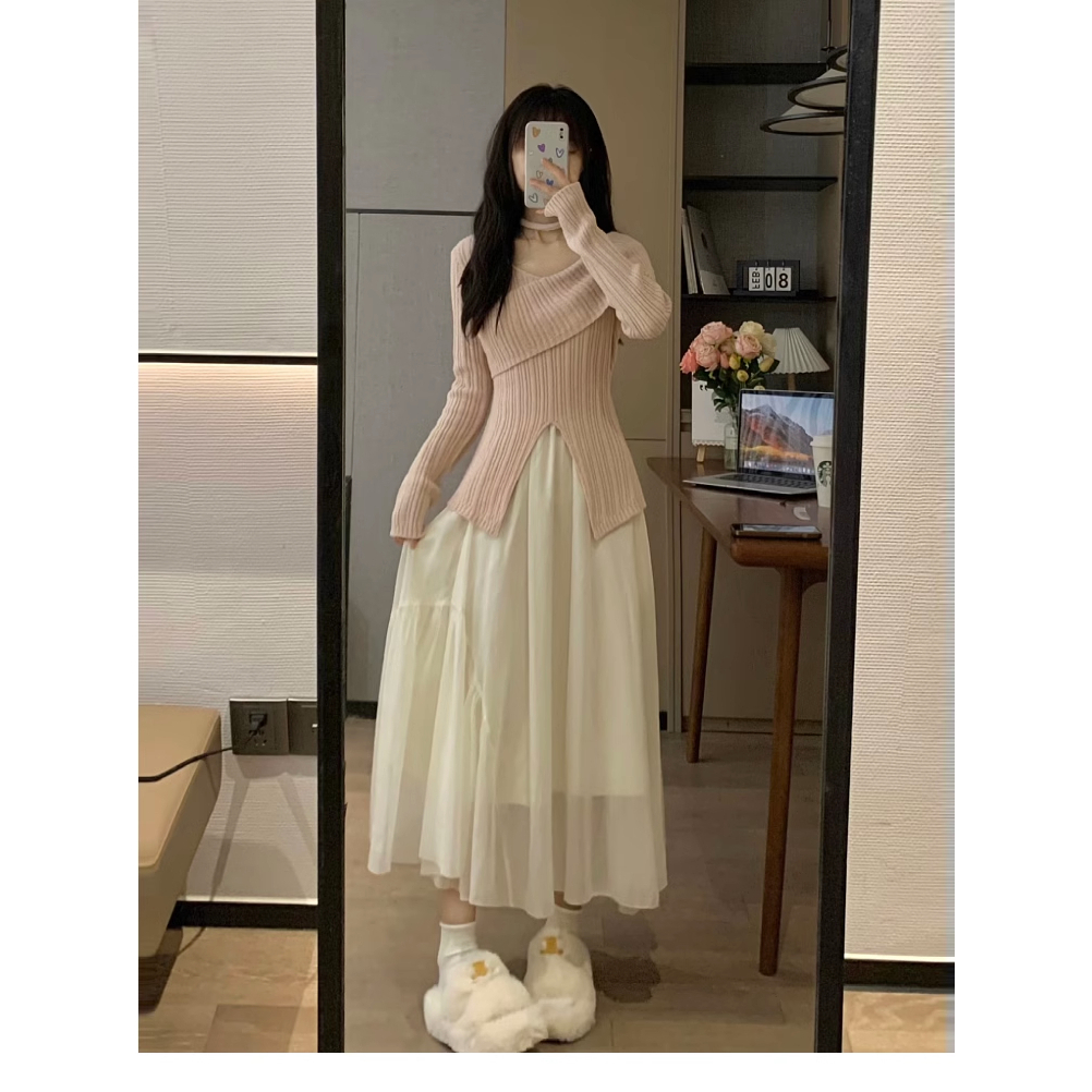 Ethelgirl Áo sweater Dệt Kim Trễ Vai Xẻ Tà Màu Hồng Thời Trang Hàn Quốc Dành Cho Nữ