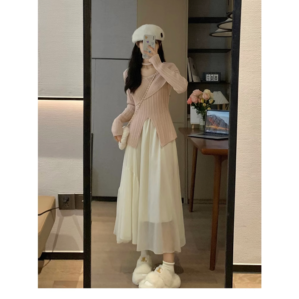 Ethelgirl Áo sweater Dệt Kim Trễ Vai Xẻ Tà Màu Hồng Thời Trang Hàn Quốc Dành Cho Nữ