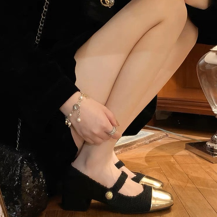 YIMIN Giày Cao Gót Mũi Vuông Bằng Len Phối Màu Có Khóa Thời Trang Cho Nữ FGD23A0DCZ 42Z231018