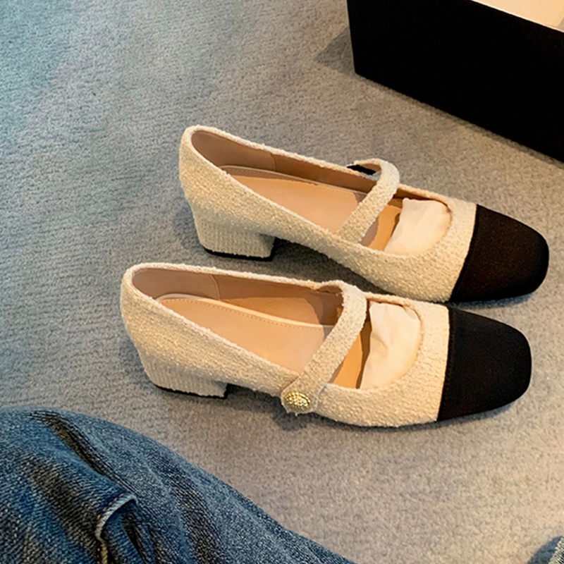 YIMIN Giày Cao Gót Mũi Vuông Bằng Len Phối Màu Có Khóa Thời Trang Cho Nữ FGD23A0DCZ 42Z231018