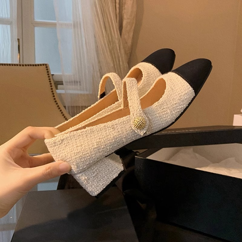 YIMIN Giày Cao Gót Mũi Vuông Bằng Len Phối Màu Có Khóa Thời Trang Cho Nữ FGD23A0DCZ 42Z231018