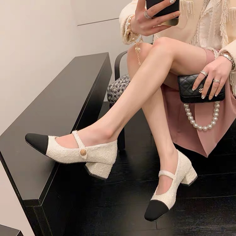 YIMIN Giày Cao Gót Mũi Vuông Bằng Len Phối Màu Có Khóa Thời Trang Cho Nữ FGD23A0DCZ 42Z231018