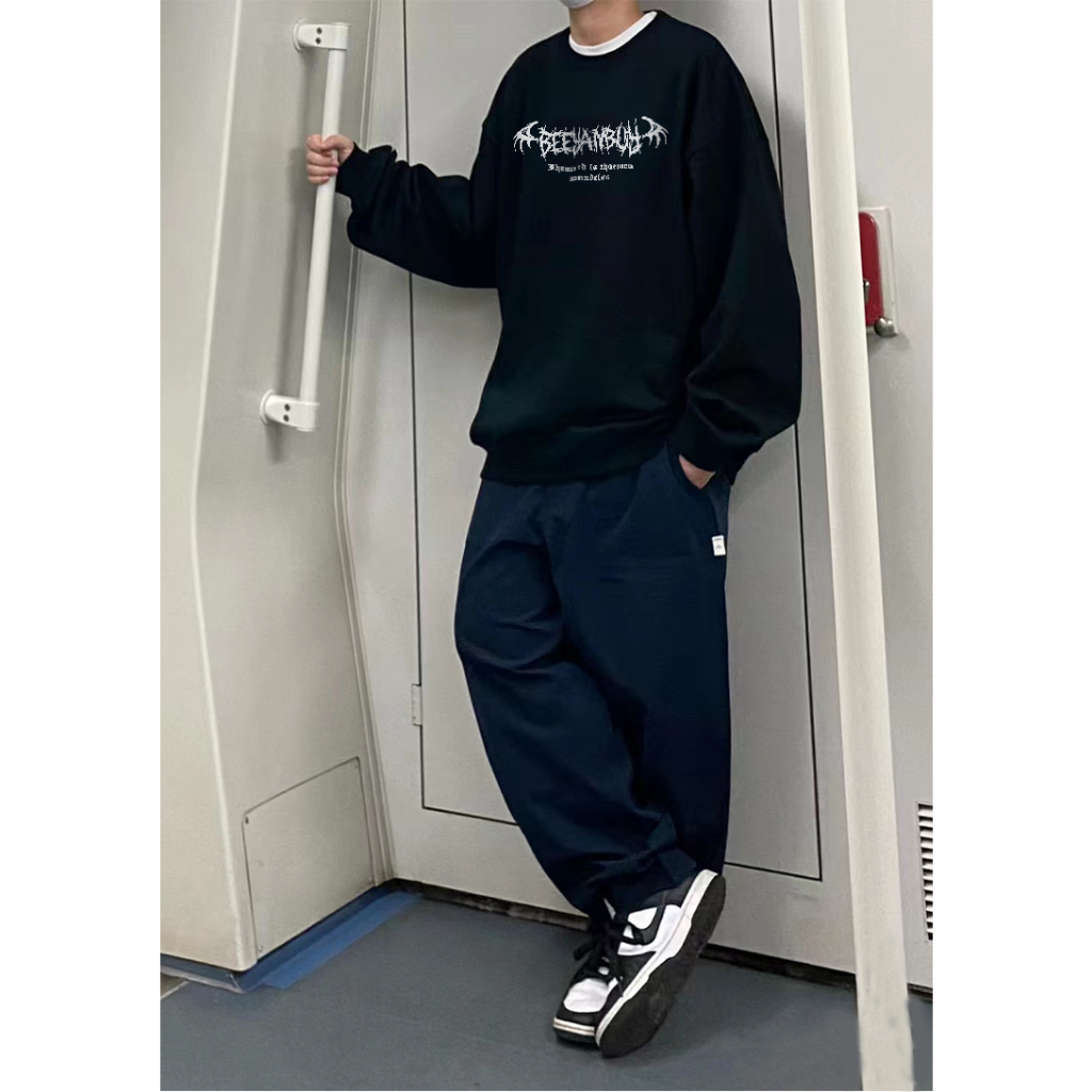 Áo sweater nam đen IFXBYT mùa thu và mùa đông vintage in hình unisex 100% cotton-B0093