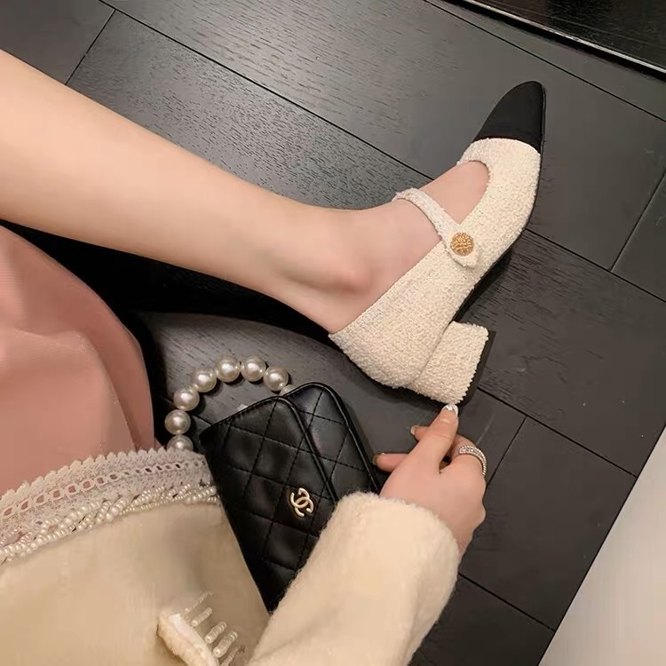 YIMIN Giày Cao Gót Mũi Vuông Bằng Len Phối Màu Có Khóa Thời Trang Cho Nữ FGD23A0DCZ 42Z231018