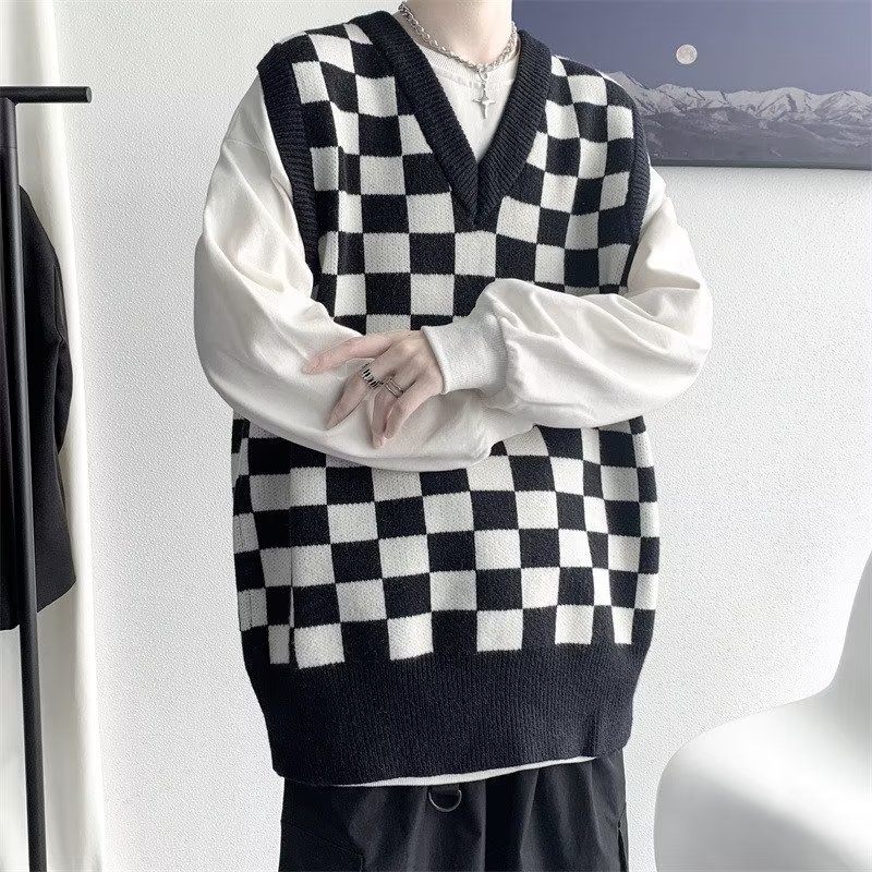 Áo sweater Sát Nách Cổ Chữ v Dáng Rộng Sọc Ca Rô Thời Trang Hàn Quốc 2023 Cho Nam