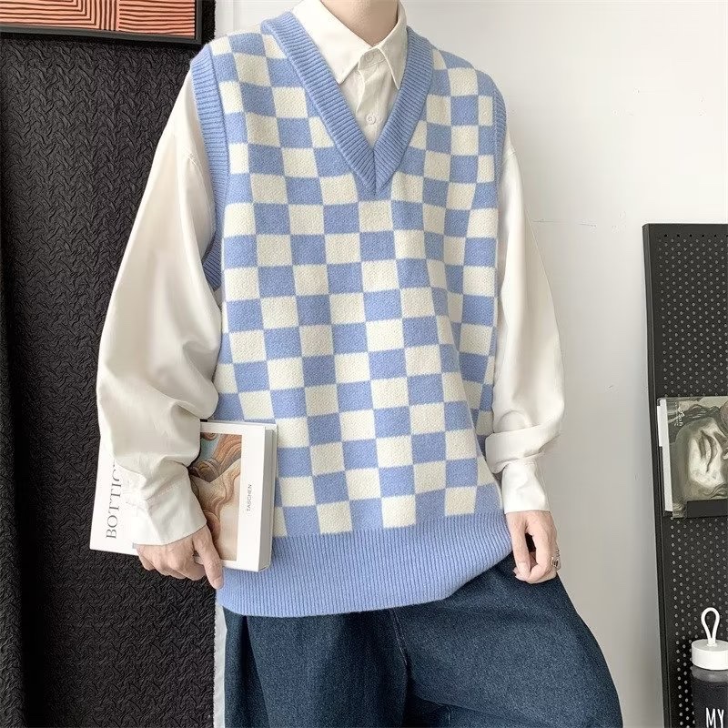 Áo sweater Sát Nách Cổ Chữ v Dáng Rộng Sọc Ca Rô Thời Trang Hàn Quốc 2023 Cho Nam