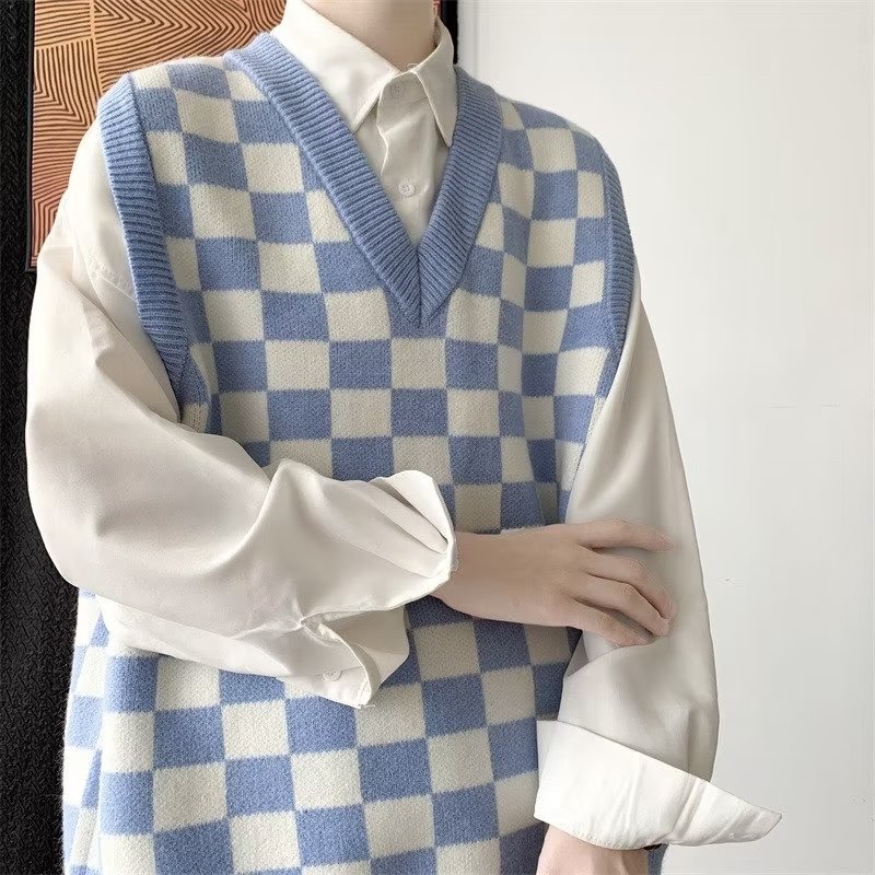 Áo sweater Sát Nách Cổ Chữ v Dáng Rộng Sọc Ca Rô Thời Trang Hàn Quốc 2023 Cho Nam