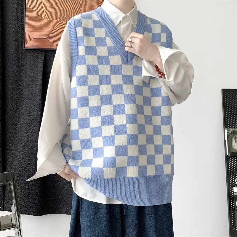 Áo sweater Sát Nách Cổ Chữ v Dáng Rộng Sọc Ca Rô Thời Trang Hàn Quốc 2023 Cho Nam