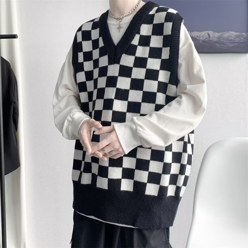 Áo sweater Sát Nách Cổ Chữ v Dáng Rộng Sọc Ca Rô Thời Trang Hàn Quốc 2023 Cho Nam