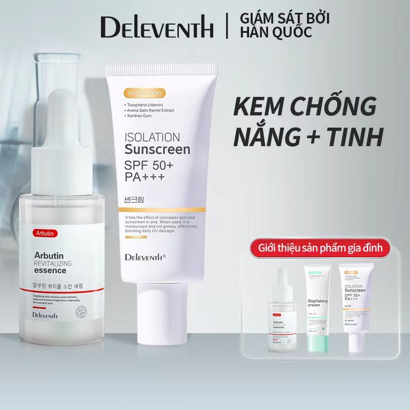 Combo DELEVENTH serum arbutin/dưỡng trắng da/giảm mụn tàn nhang 37ml/chống nắng SPF 50+ PA+++ chống nước kiềm dầu 50g