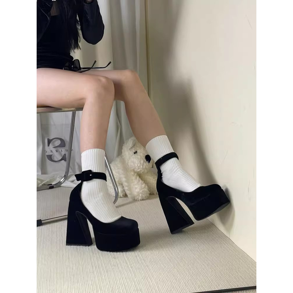 Giày Cao Gót 10cm Mũi Vuông Đế Dày Màu Đen Phong Cách Mary Jane