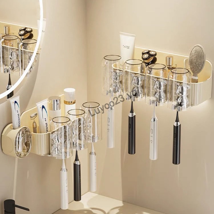 Dễ Thương Giá Đỡ Bàn Chải Đánh Răng Gắn Tường Không Cần Khoan Kèm Cốc Và Bàn Chải Đánh Răng Hình Gấu Đáng Yêu