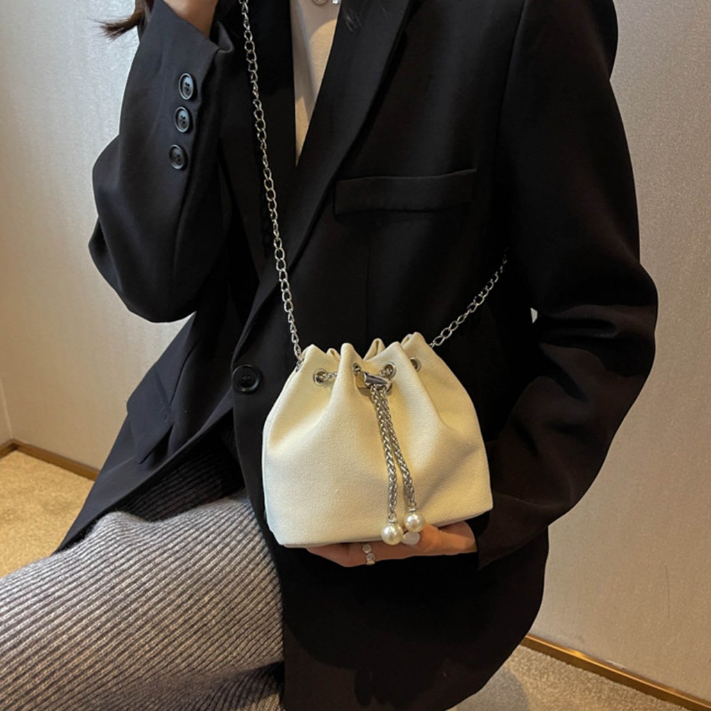 Casual Có hàng sẵn Bags Phụ nữ Xô Túi Đeo Vai Mùa Thu Thời Trang Công Suất Lớn Phần Cứng Chuỗi Canvas Nhỏ Bucket Bag cho Bữa Tiệc Hàng Ngày Mua Sắm
