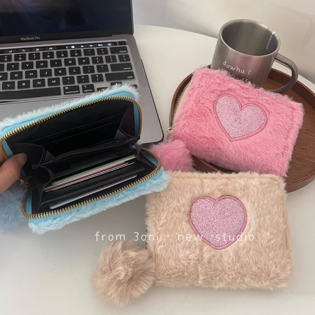 Caiyunyu Ví Khóa Kéo Thêu Trái Tim Nhồi Bông Phong Cách Nhật Bản Đáng Yêu Dành Cho Nữ