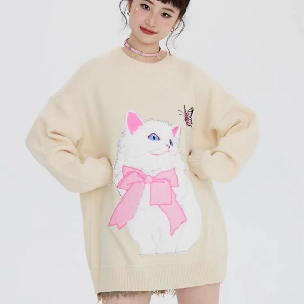Dopamine Áo sweater Thêu Hình Mèo Ngọt Ngào Dễ Thương Cho Nữ