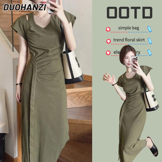 DUOHANZI Đầm Dài Ôm Eo Màu Xanh Lá Mùa Hè Kiểu Pháp Mới Cho Nữ
