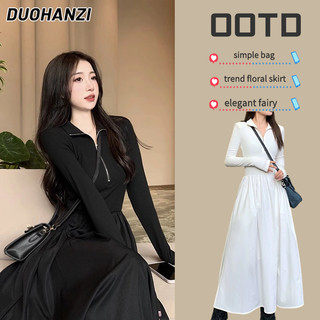 DUOHANZI Đầm Đen Cổ polo Tay Dài Ôm Eo Kiểu Pháp Thời Trang Mùa Thu Cao Cấp Cho Nữ