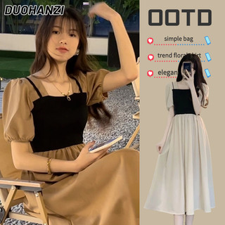 DUOHANZI  Đầm Chữ A Tay Ngắn Cổ Vuông Màu Trơn Phong Cách Hàn Quốc Thời Trang Cho Nữ