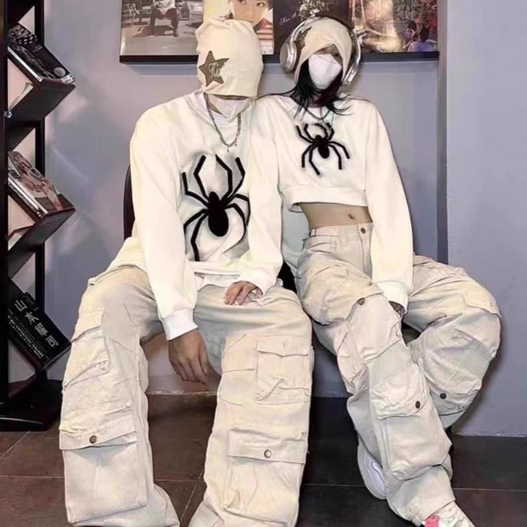 Kyushuad Áo Khoác Tay Dài Cổ Tròn In Hình Nhện Phong Cách hip hop Đường Phố Mỹ Thời Trang Mùa Thu Dành Cho Cặp Đôi
