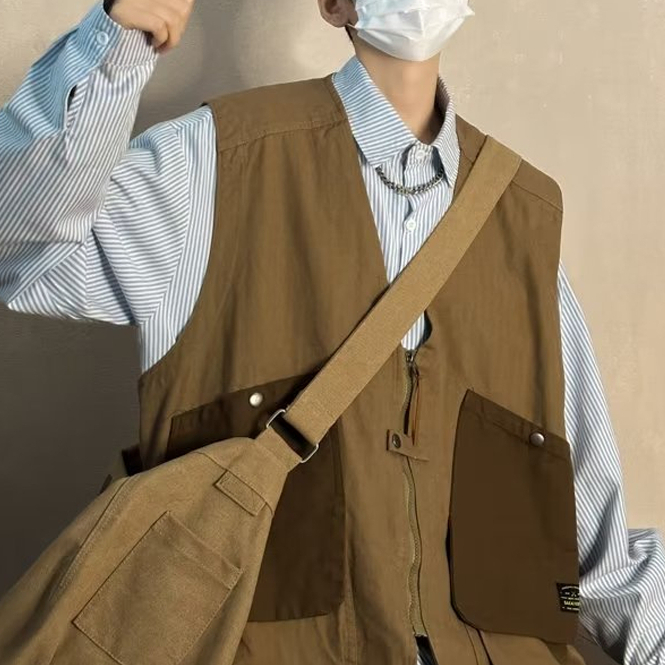 ✦AFFLIGA✦ Áo Vest Cổ Chữ V Màu Sắc Đơn Giản Có Khóa Kéo Thời Trang Mùa Hè Cho Nam