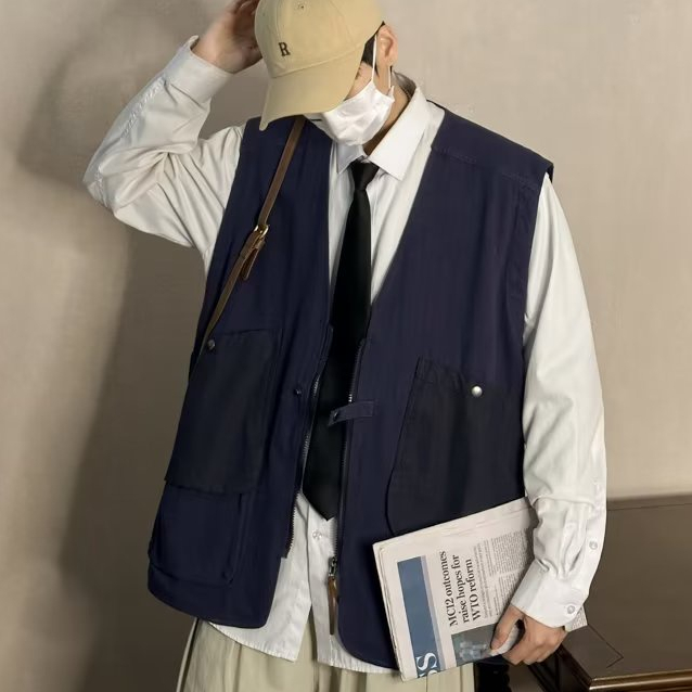 ✦AFFLIGA✦ Áo Vest Cổ Chữ V Màu Sắc Đơn Giản Có Khóa Kéo Thời Trang Mùa Hè Cho Nam