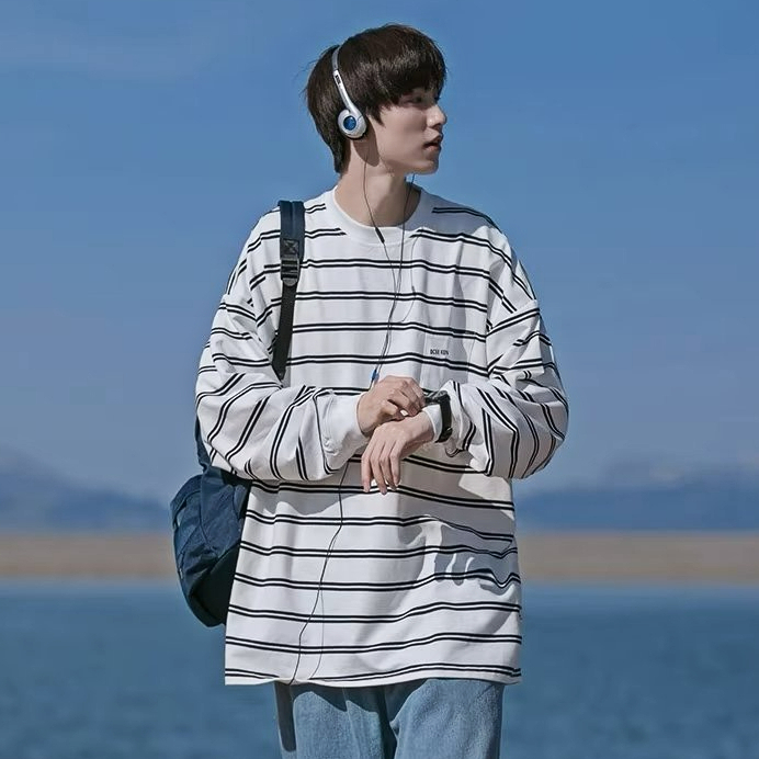 ✦AFFLIGA✦ Áo Thun Tay Dài Cổ Tròn Dáng Rộng Kẻ Sọc Màu Sắc Đơn Giản Thời Trang Mùa Thu Cho Nam