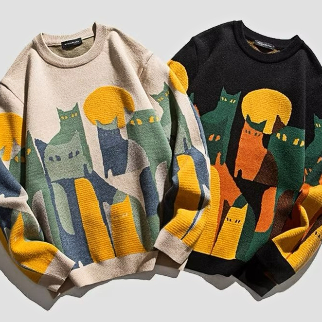 ✦AFFLIGA✦ Áo Khoác Dệt Kim In Họa Tiết Hoạt Hình Phong Cách Hàn Quốc Thời Trang Thu Đông Cho Nam