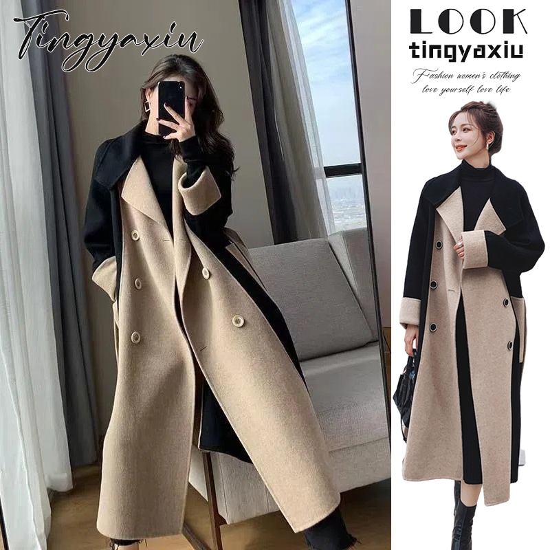 Áo khoác TING YA XIU hai mặt bằng len lông cừu mỏng màu sắc cháy nắng khí chất thời trang mùa đông cho nữ