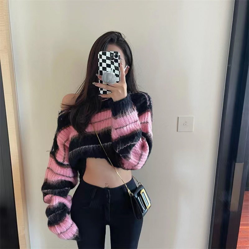 Áo Sweater Dệt Kim Dáng Rộng Ngắn Họa Tiết Kẻ Sọc Thời Trang Cho Nữ