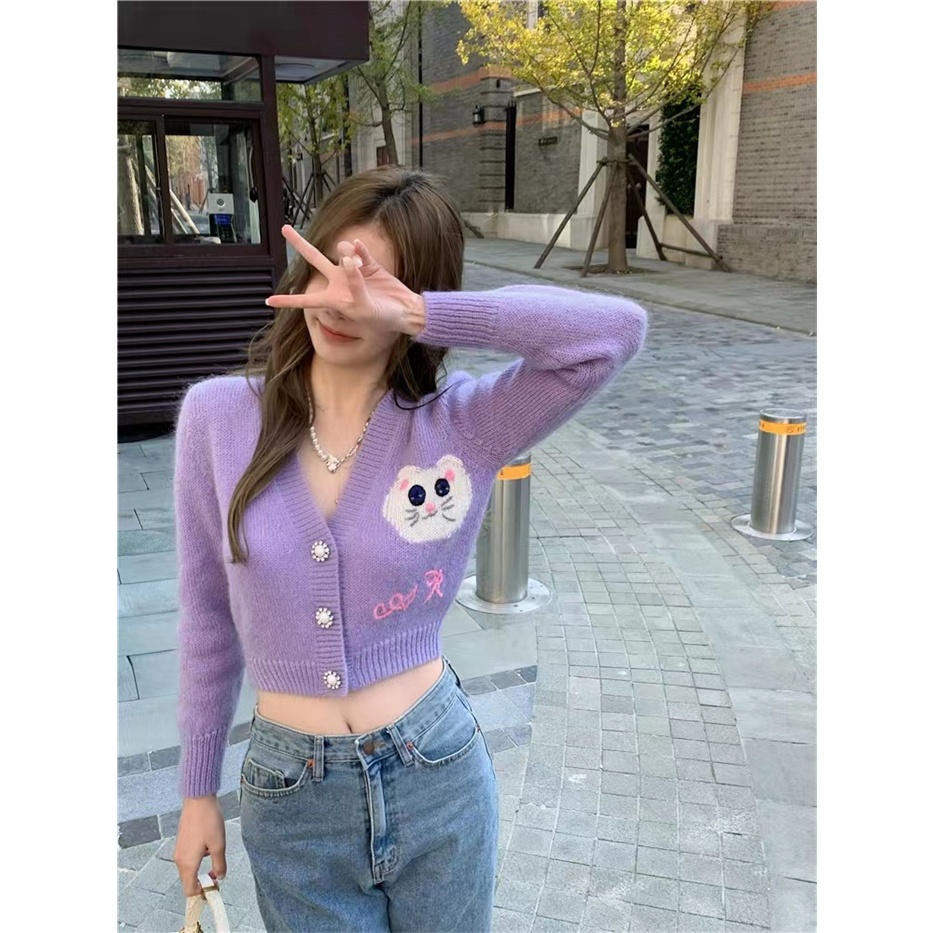 Phiên Bản Hàn Quốc Của Áo Len Thêu Cổ Chữ V Áo Khoác Nữ Mỏng Phần Ngắn Dệt Kim Áo Cardigan
