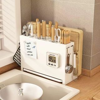 Giá đựng dao tích hợp giá đựng thớt màu trắng cho nhà bếp/Giá Đỡ Dao Muỗng Đũa Đa Năng Có Lỗ Treo Tường Tiện Lợi Dành Cho Nhà Bếp