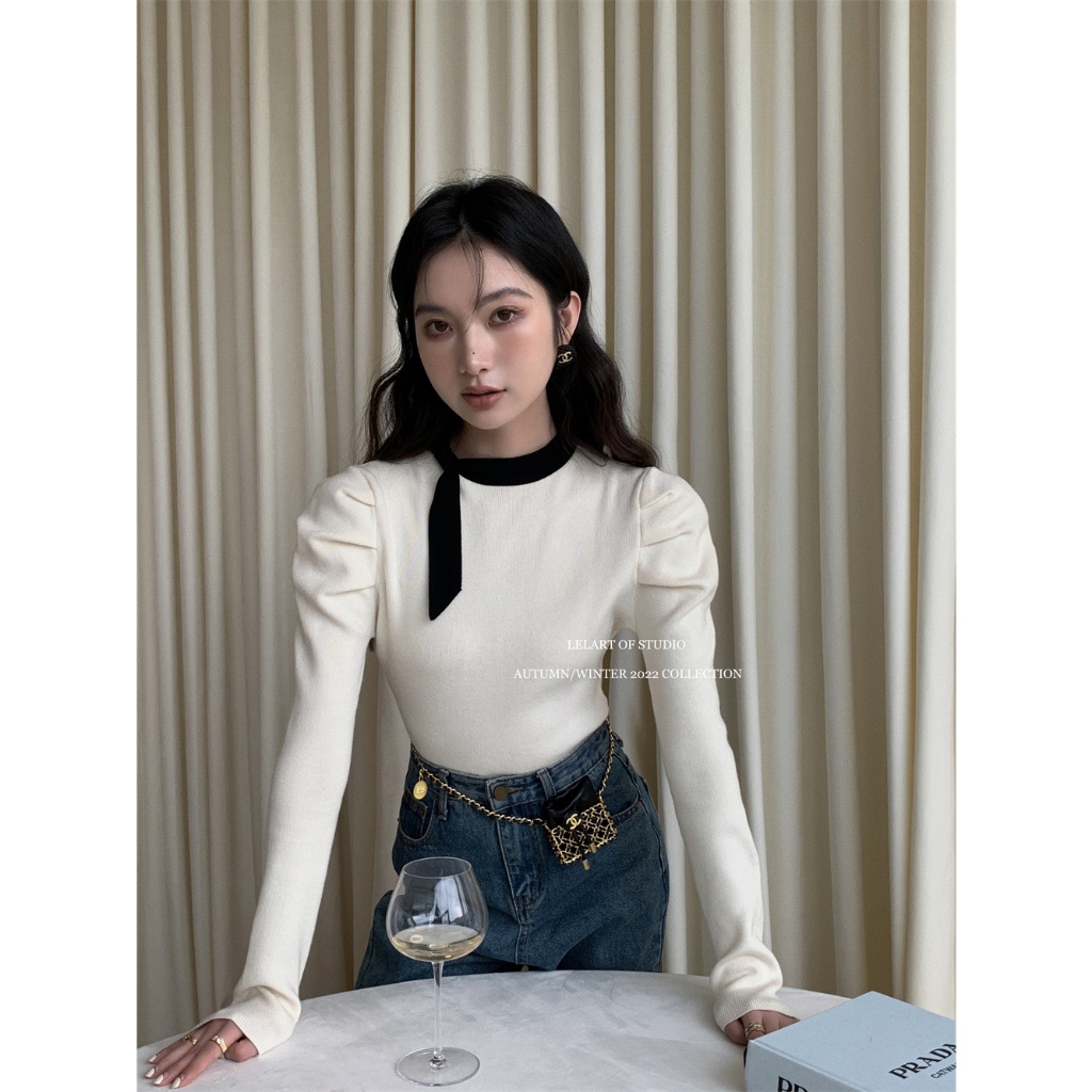 QADCOL Áo sweater Màu Đen Phối Dây Thời Trang Mùa Đông Phong Cách Pháp