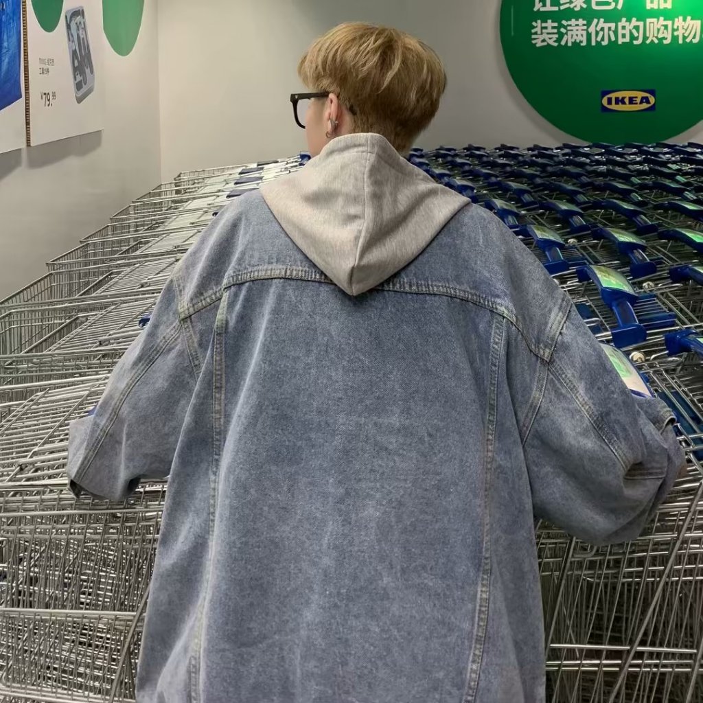 Esea Áo Khoác denim Tay Dài Giả Hai Mảnh Có Mũ Trùm Dáng Rộng Phong Cách retro Mỹ Hợp Thời Trang unisex
