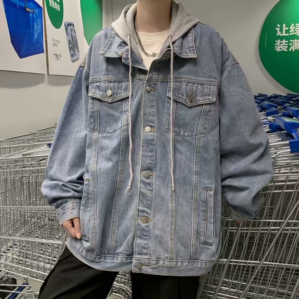Esea Áo Khoác denim Tay Dài Giả Hai Mảnh Có Mũ Trùm Dáng Rộng Phong Cách retro Mỹ Hợp Thời Trang unisex