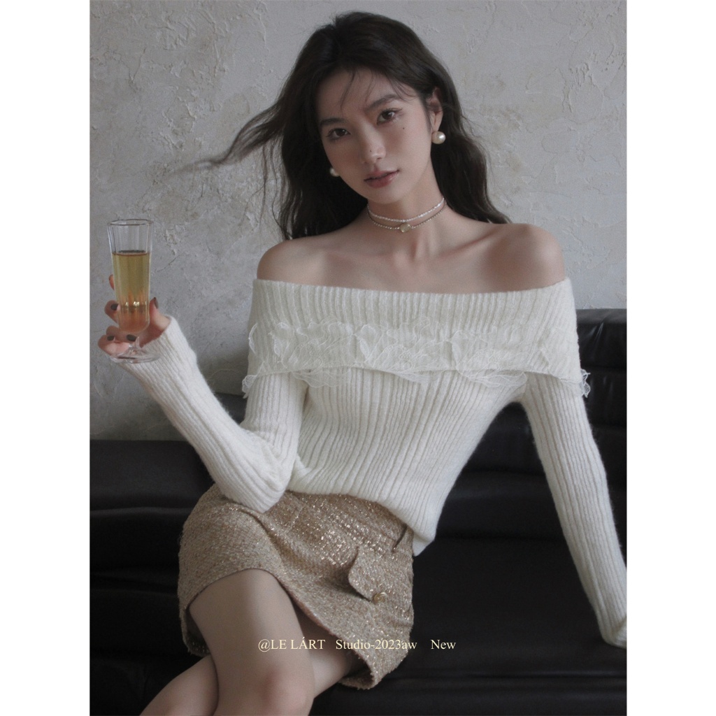 QADCOL Áo sweater Trễ Vai Phối Ren Thời Trang Thu Đông Phong Cách Hàn Quốc Cho Nữ